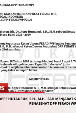 Dr. Appe Hutauruk, S.H., M.H., SAH Menjabat sebagai Ketua Dewan Penasehat DPP FERADI WPI