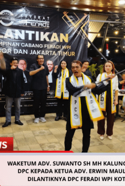 Waketum Adv. Suwanto SH MH kalungkan Slempang DPC kepada Ketua Adv. Erwin Maulana Tandai Dilantiknya DPC FERADI WPI Kota Bogor